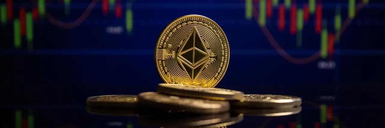 Ethereum coin with market price chart in background representing Ethereum analysis in financial markets