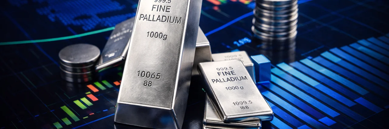 Palladium bullion bars illustration with financial market charts representing industrial precious metals analysis